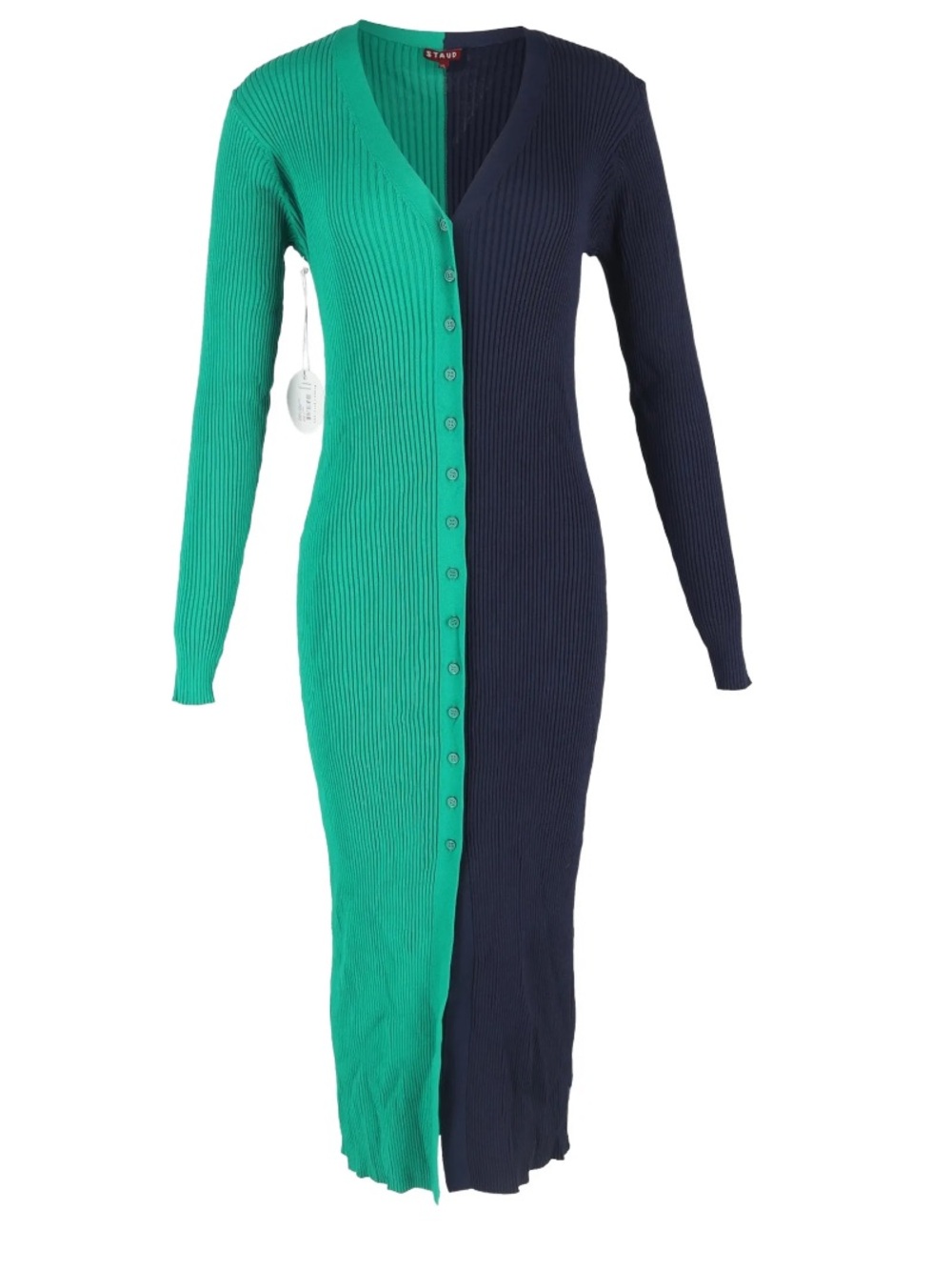 STAUD Colourblocked V-Neck Ribbed Midi Dress in Green & Navy